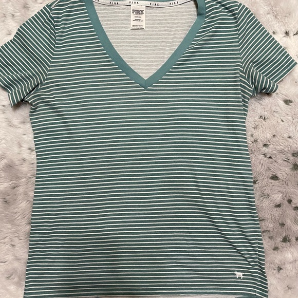 Green & White Striped PINK sleepwear V- neck-large - Picture 1 of 10